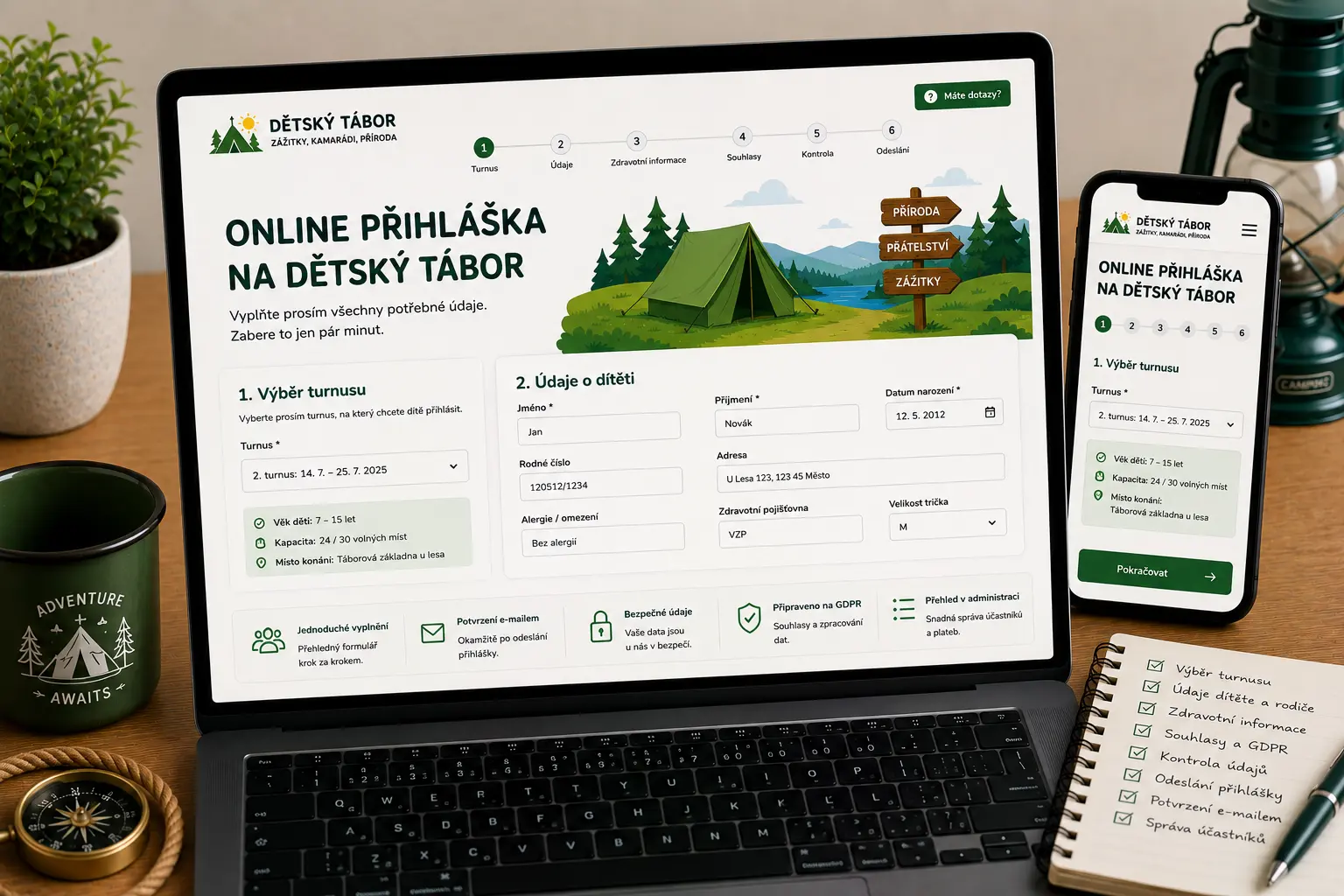 Ukázka online přihlášky na dětský tábor