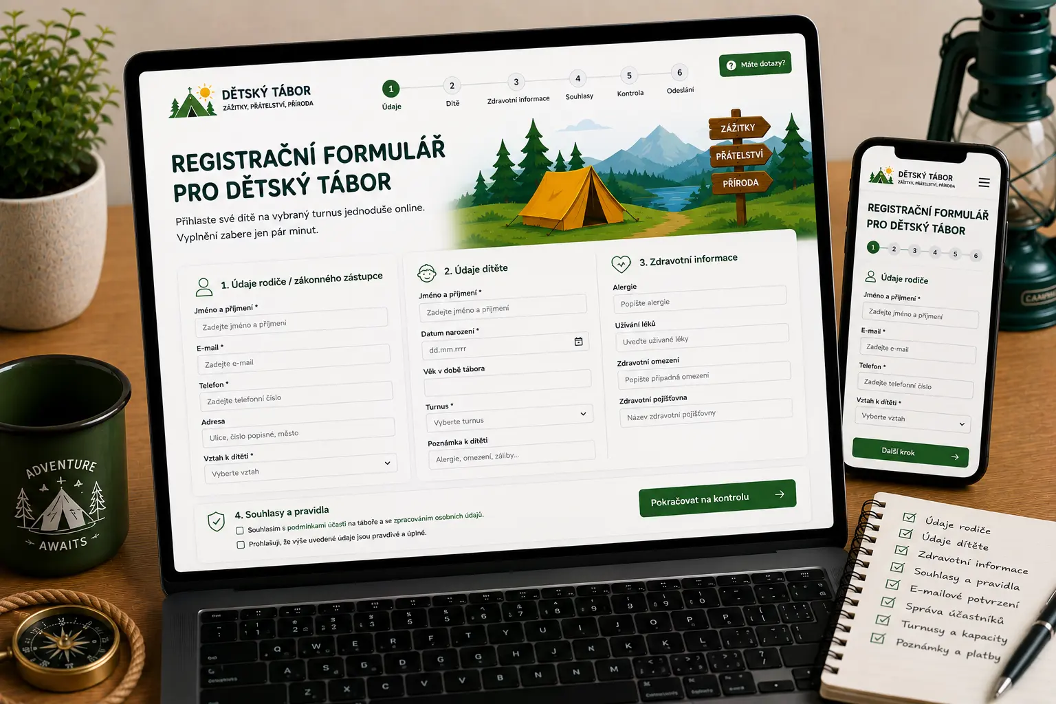 Ukázka registračního formuláře pro dětský tábor